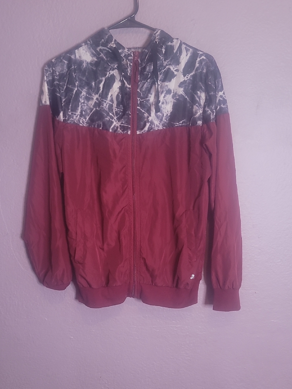 Maroon Zip-Up Windbreaker with Marble Print Yoke
